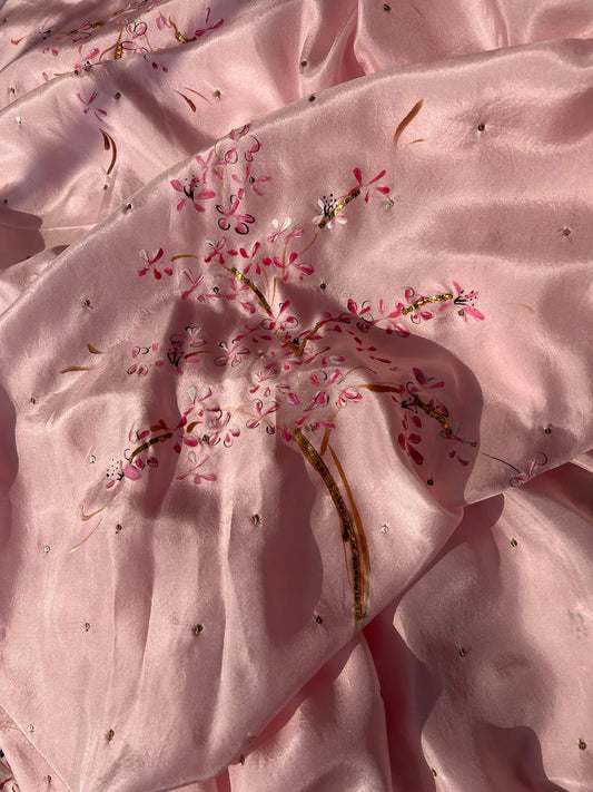 Cherry Blossoms on Baby Pink Silk Saree with Sequins