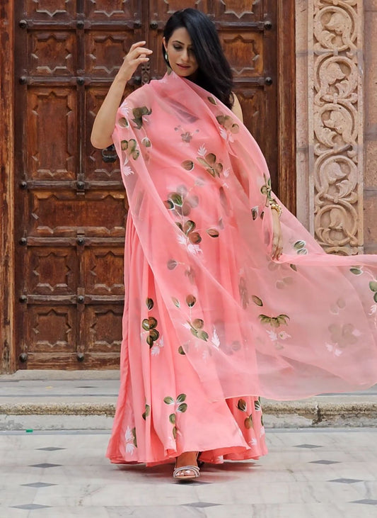 Olive Hibiscus Roses on Gajri Flared Kurta with Organza Duppata