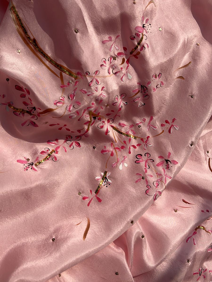 Cherry Blossoms on Baby Pink Silk Saree with Sequins