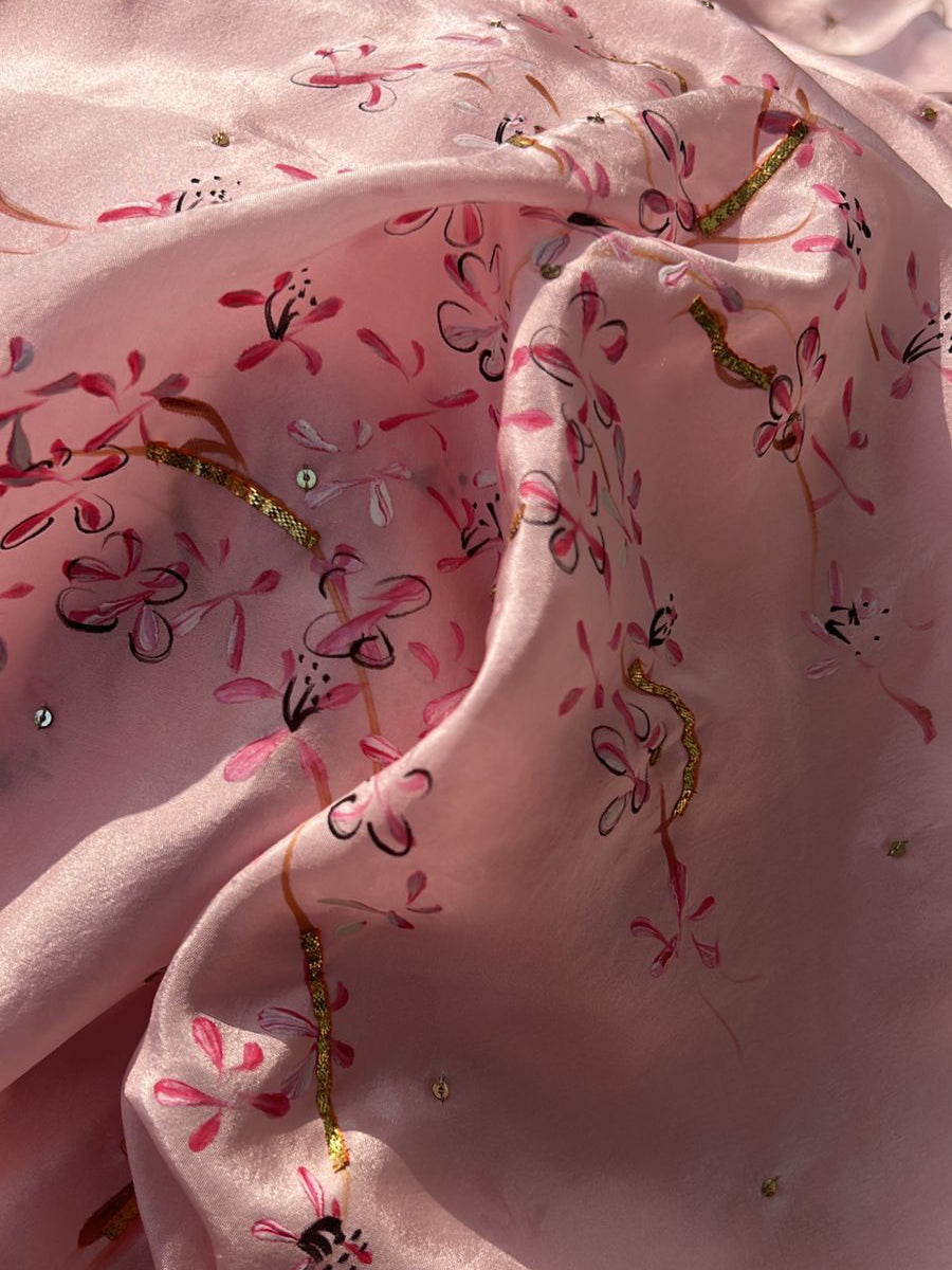 Cherry Blossoms on Baby Pink Silk Saree with Sequins