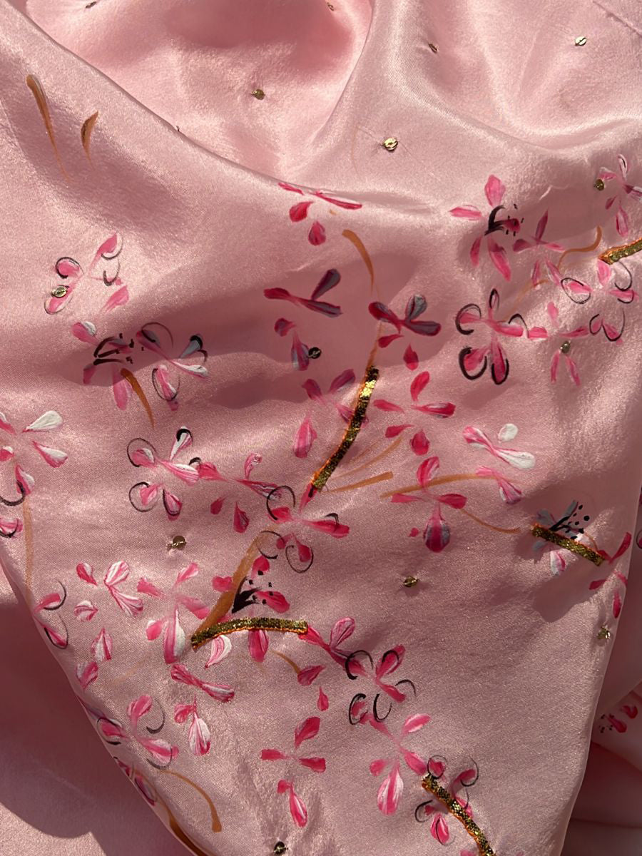 Cherry Blossoms on Baby Pink Silk Saree with Sequins