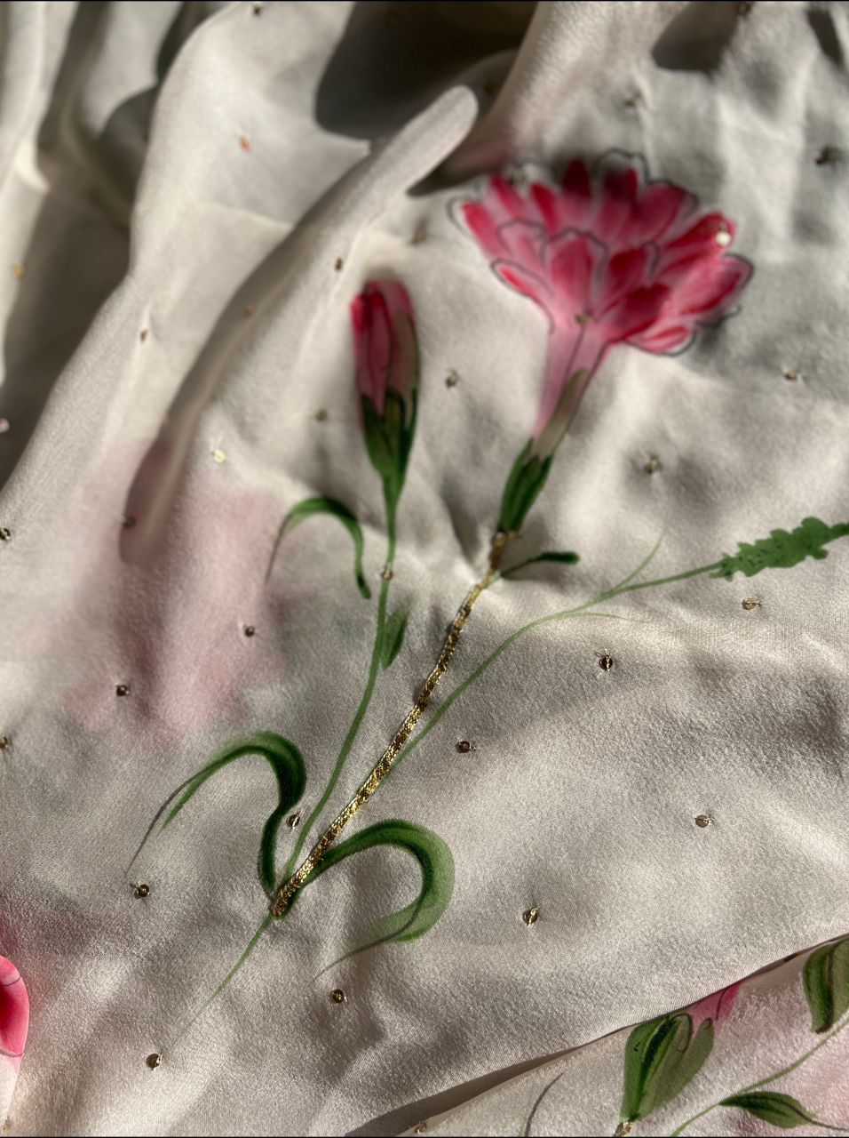 Carnations with Sequins on Flat Chiffon Saree