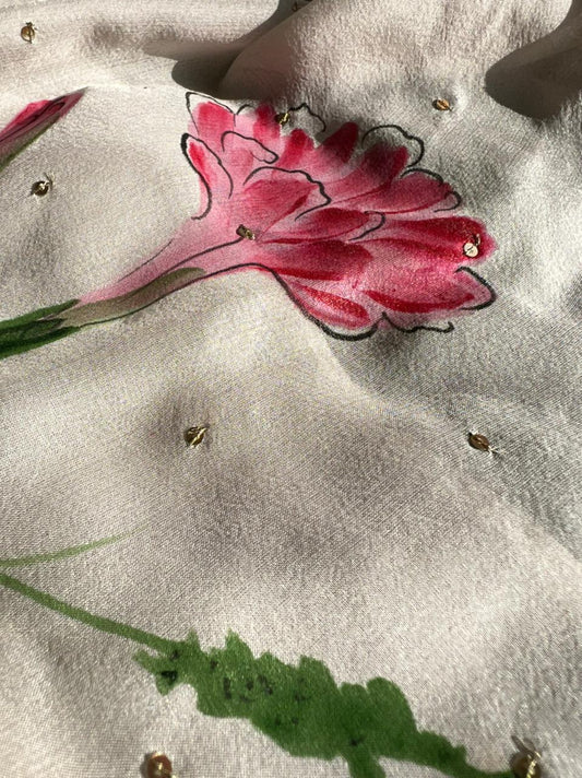 Carnations with Sequins on Flat Chiffon Saree