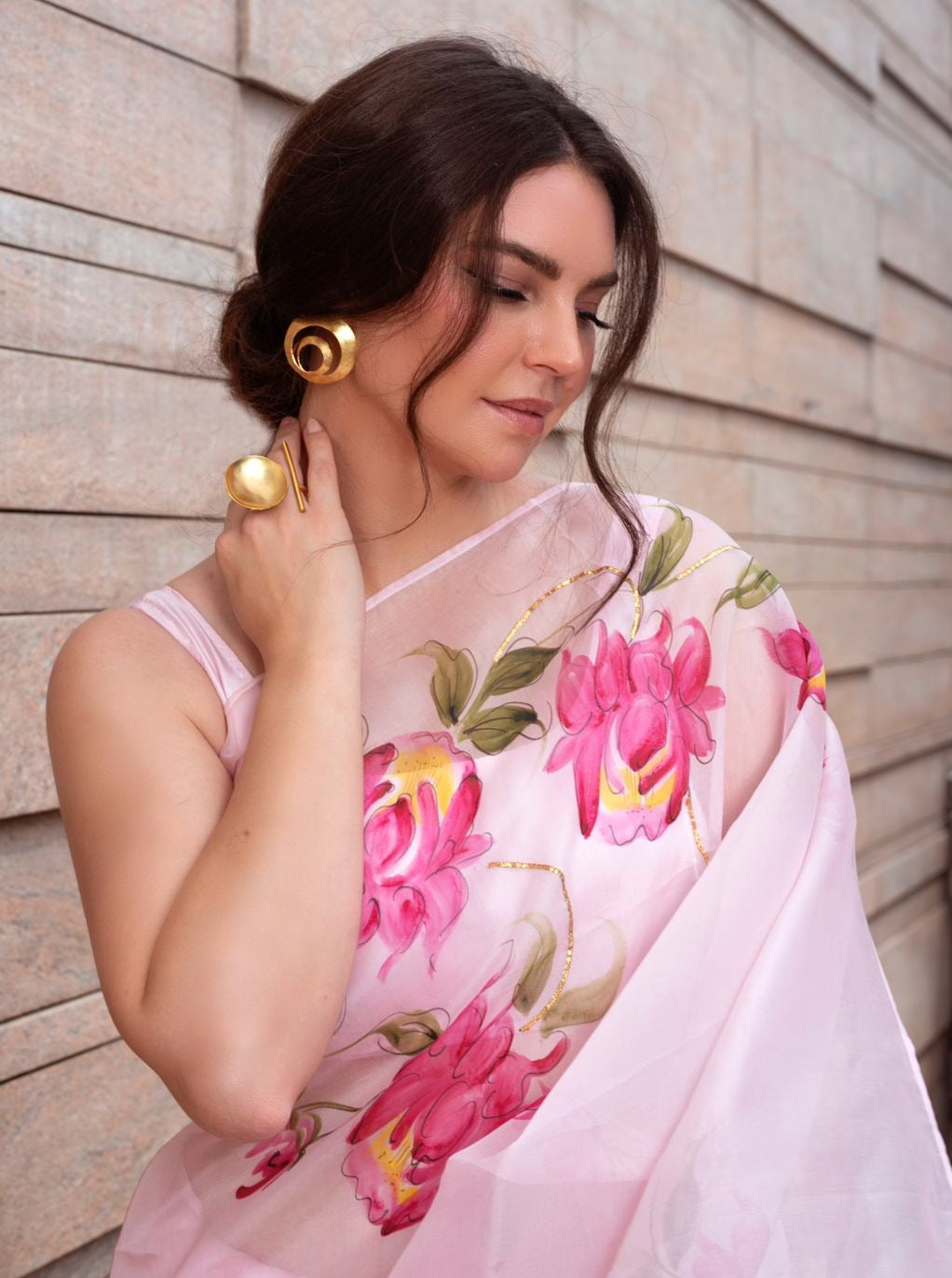 Pink Peonies on Baby Pink Organza Saree
