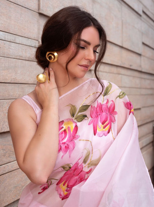Pink Peonies on Baby Pink Organza Saree