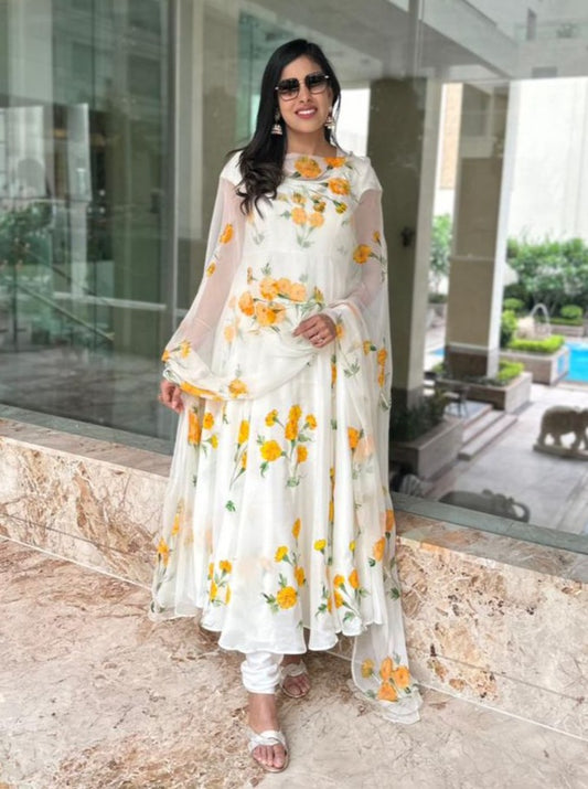 Marigold on Ivory Flared Silk Kurta