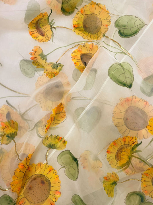 Sunflowers on Lemon Organza Saree