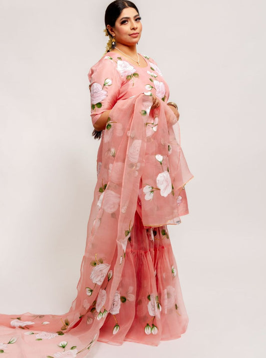 White Roses On Mauve Sharara