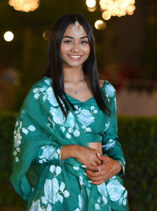 White Roses on Emerald Green Lehenga