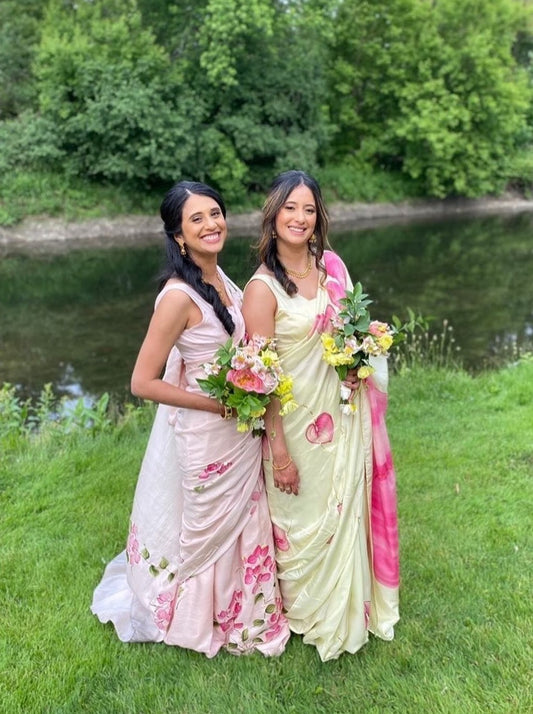 Pink Anthurium on Lemon Silk Saree