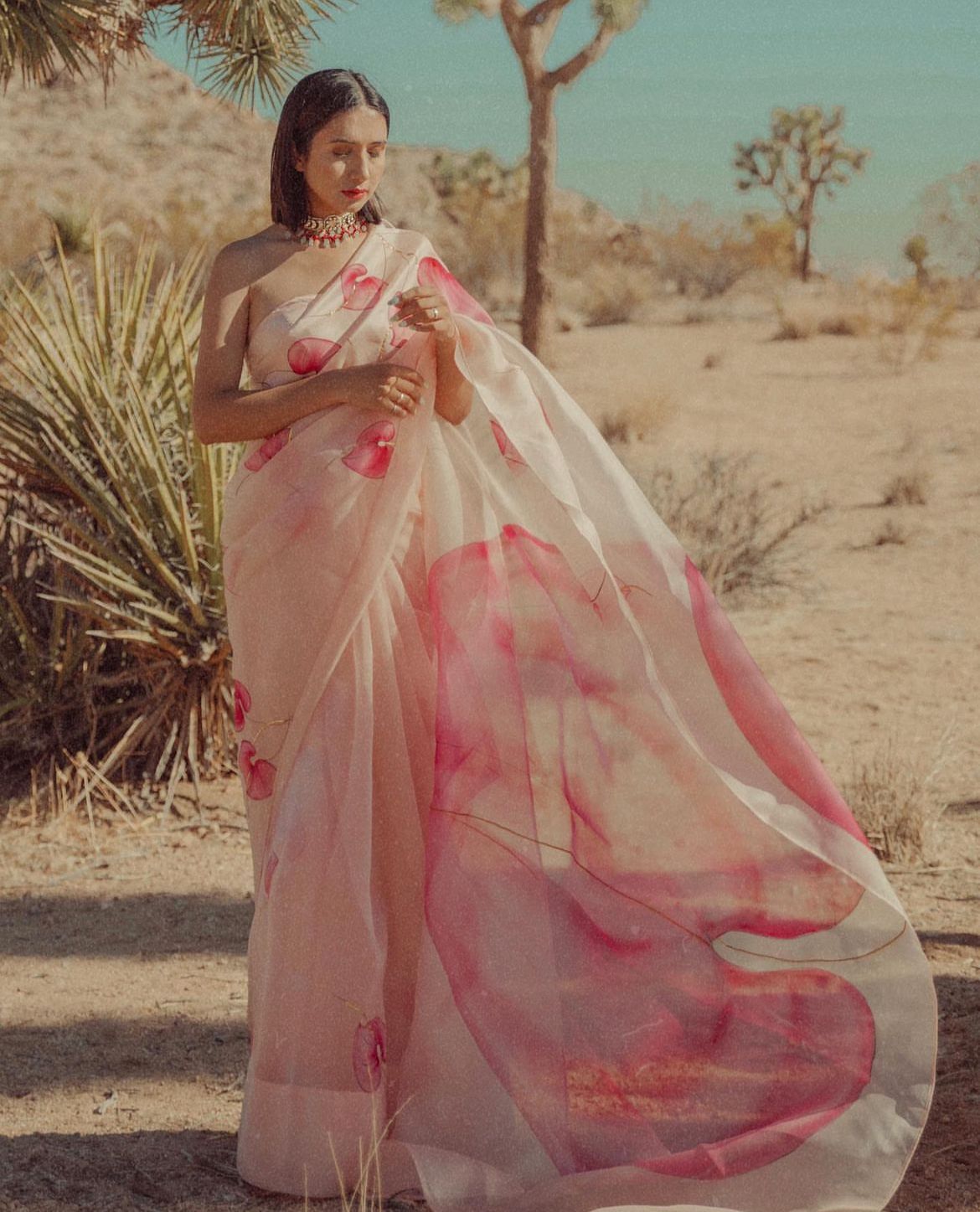 Flamingo flowers on Dull Rose Organza Saree