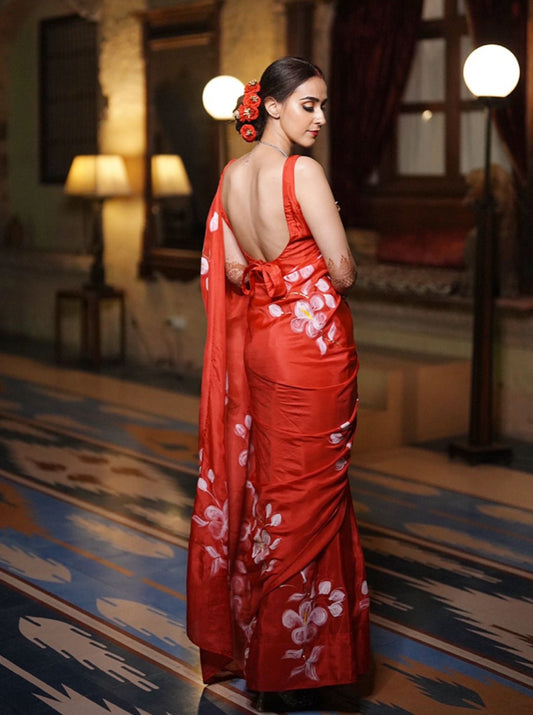 Hibiscus On Red Silk Saree with Custom Name