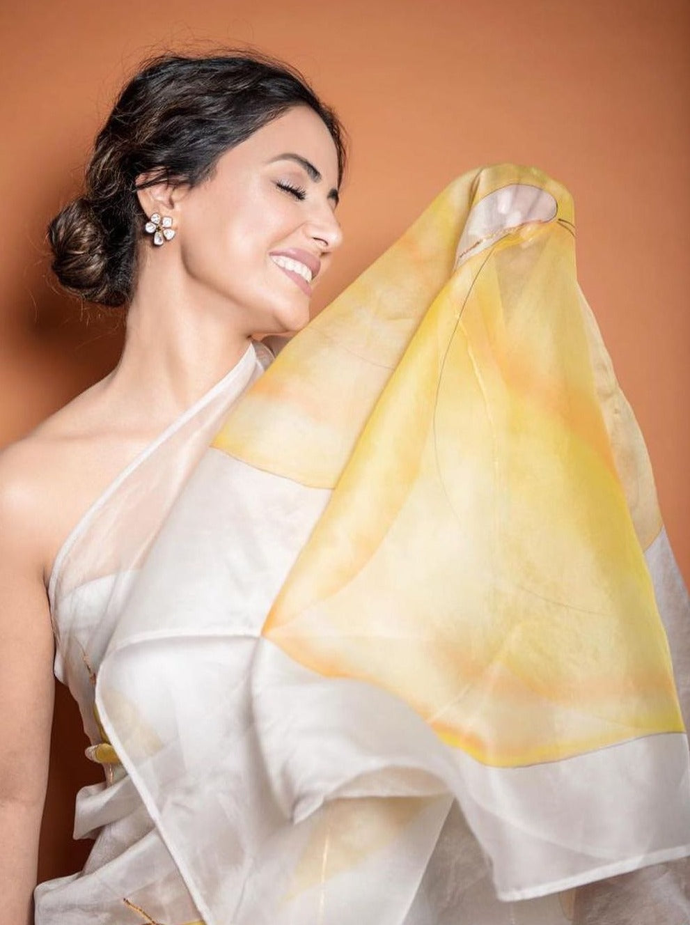 Yellow Anthuriums on Grey Organza Saree