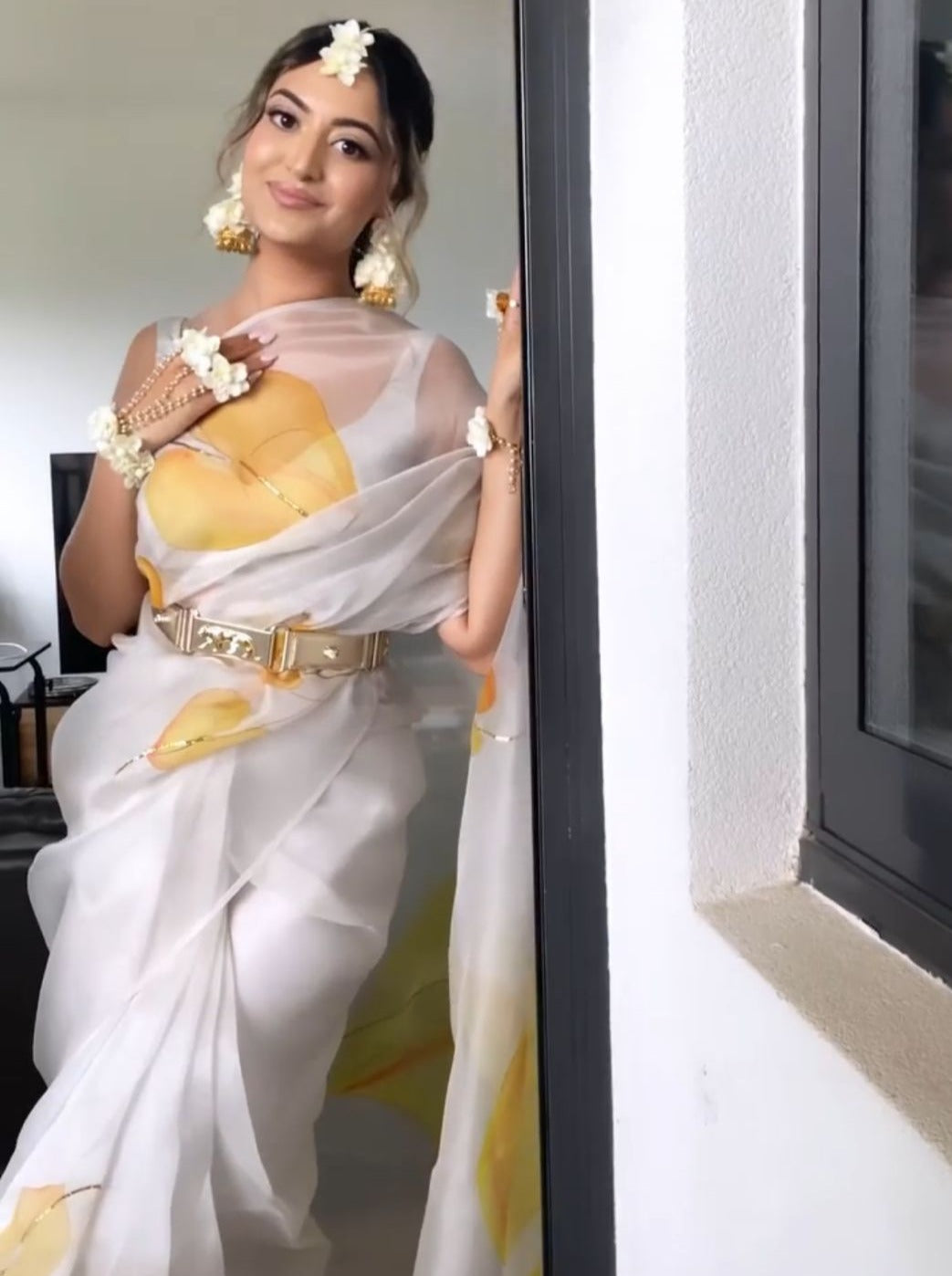 Yellow Anthuriums on Grey Organza Saree