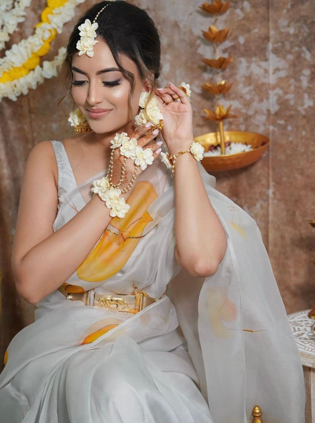 Yellow Anthuriums on Grey Organza Saree