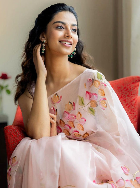 Shaded Bougainville’s on Dull Rose Organza Saree