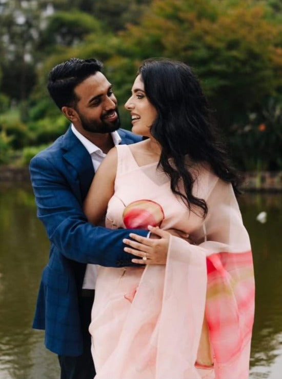 Shaded Flamingo Flower Organza Saree