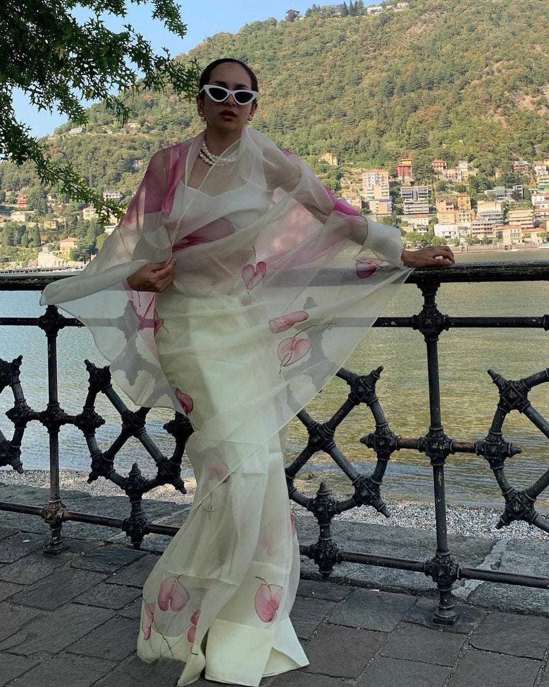 Pink Anthurium on Lemon Organza Saree
