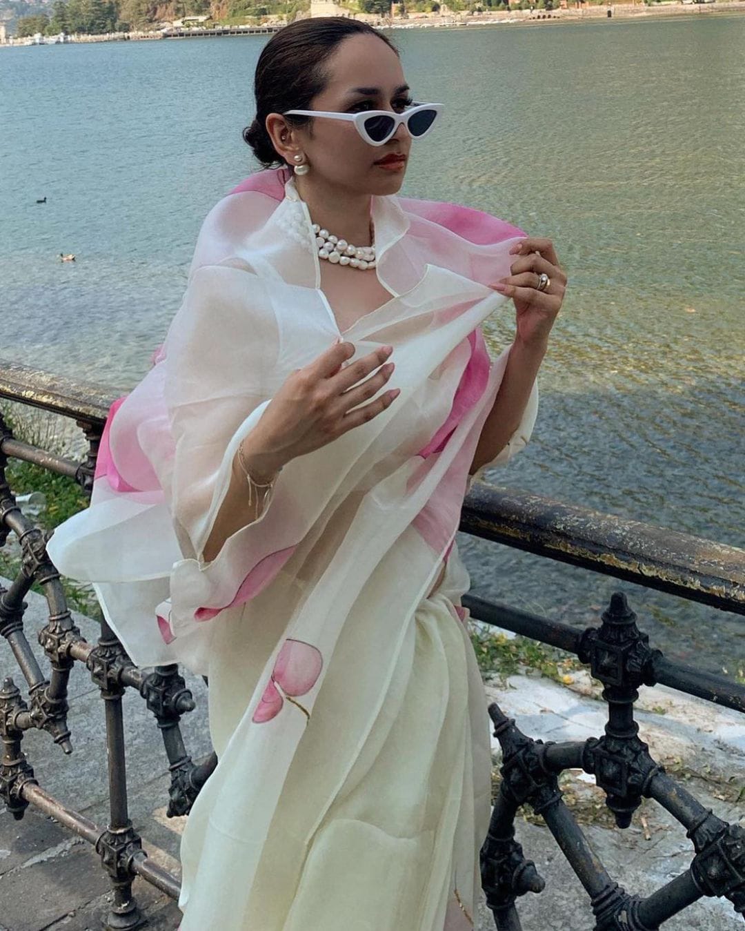 Pink Anthurium on Lemon Organza Saree