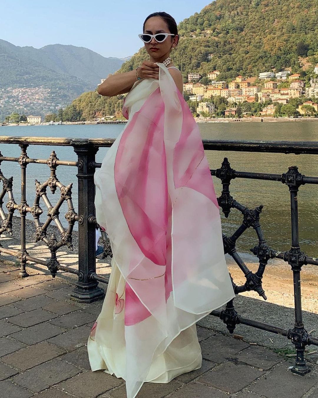 Pink Anthurium on Lemon Organza Saree