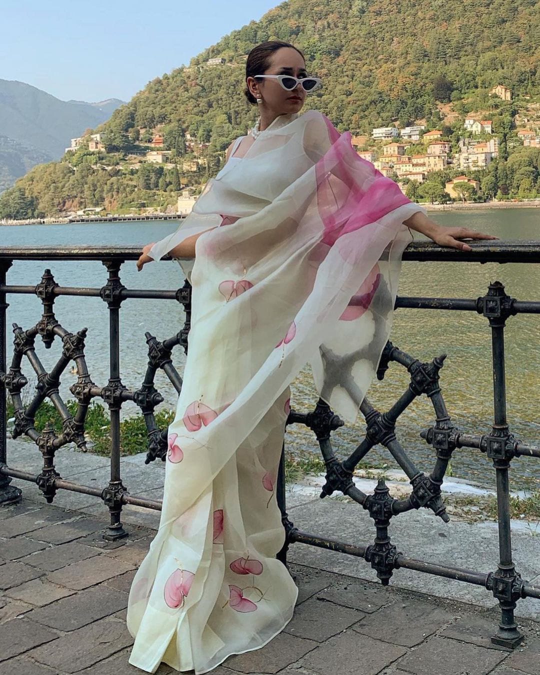 Pink Anthurium on Lemon Organza Saree