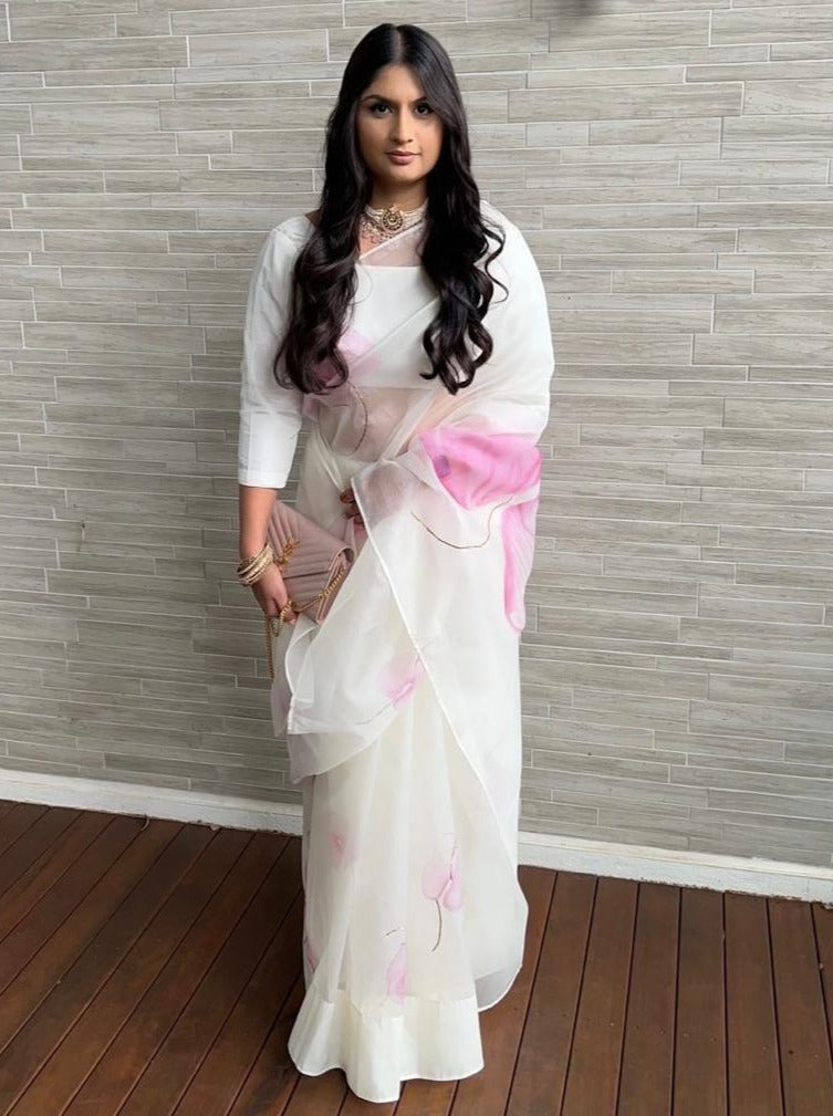 Anthuriums on White Organza Saree