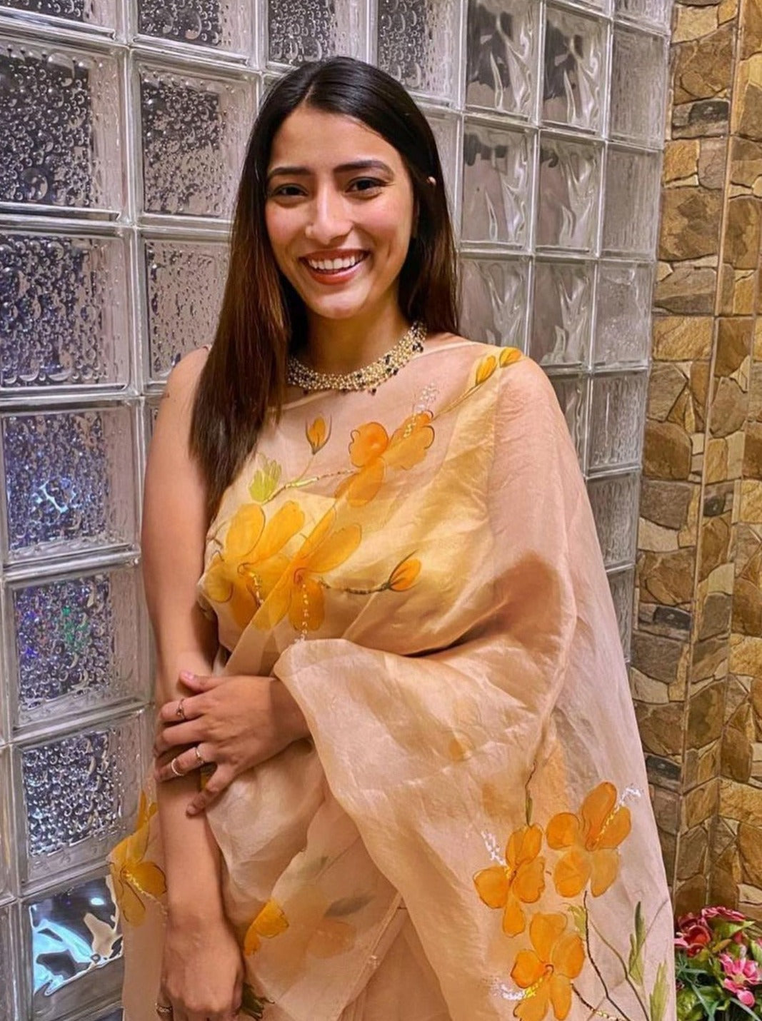 Saffron Hibiscus on Dull Rose Organza Saree