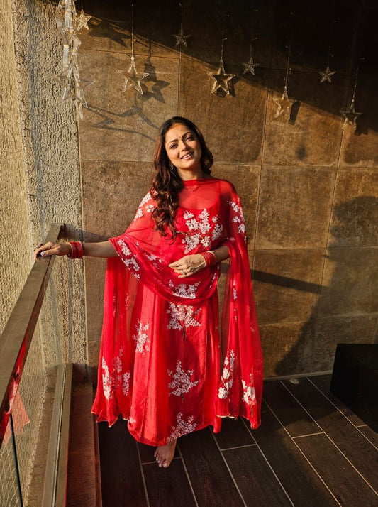 Cherry Blossoms on Red Silk Kurta