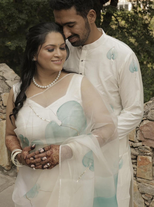 Blue Flamingo Flowers On Ivory Organza Saree