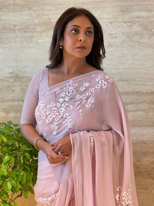 Cherry Blossoms on Mauve Chiffon Saree