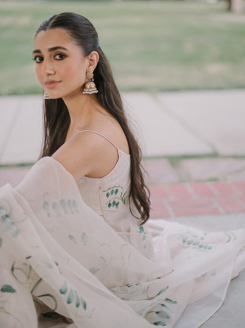 Persian Lilies on Flaired Kurta with organza dupatta