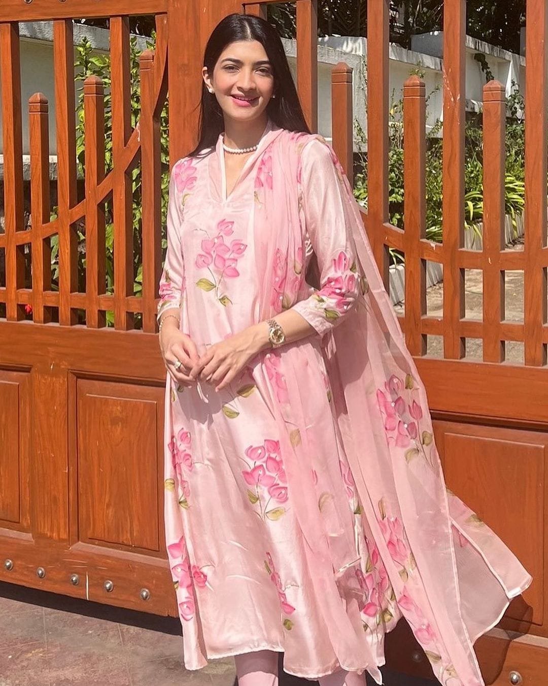 Cherry Red Bouganville's On Dull Rose Silk Kurta
