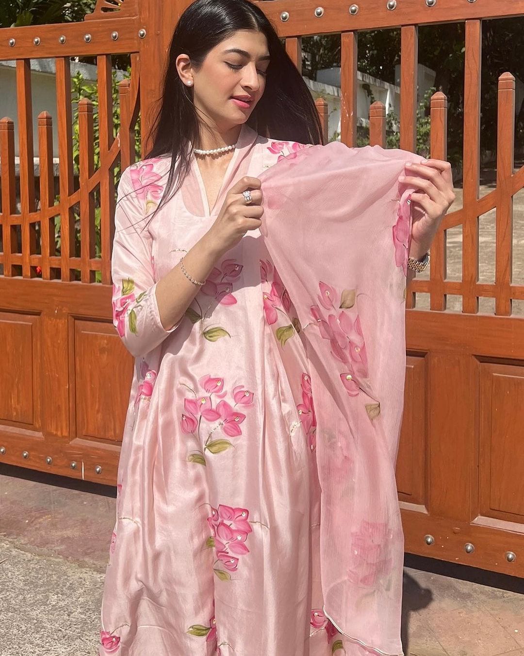 Cherry Red Bouganville's On Dull Rose Silk Kurta