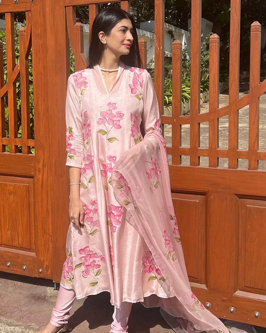 Cherry Red Bouganville's On Dull Rose Silk Kurta