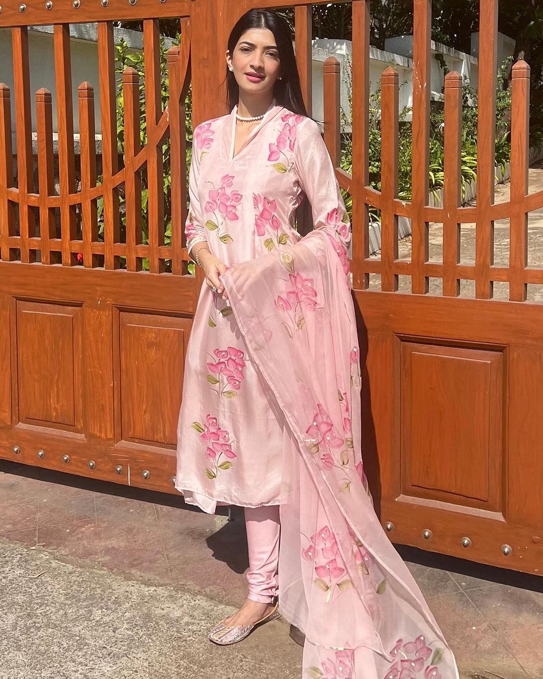 Cherry Red Bouganville's On Dull Rose Silk Kurta