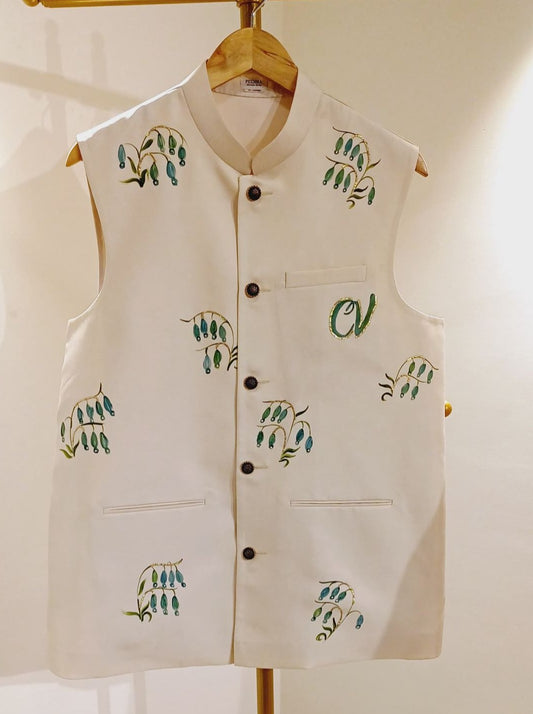 Persian Lilies on Nehru jacket with custom name on Pocket
