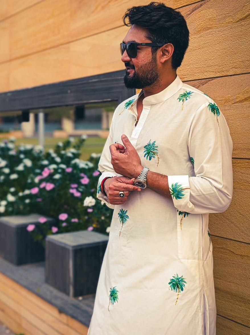 Palm Trees on Ivory Mens Kurta