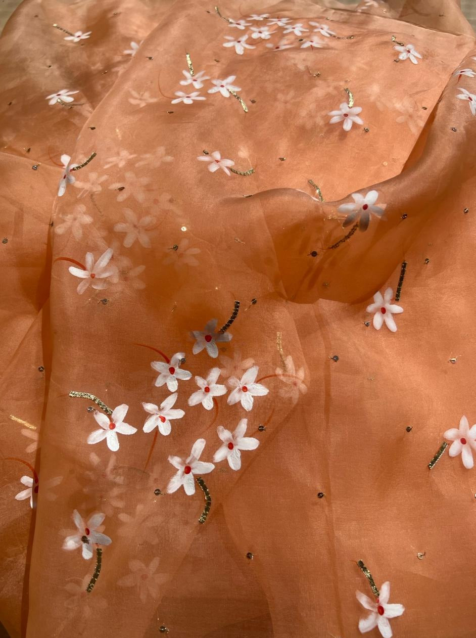 Parijat Flowers on Rusty Orange Organza saree with Sequins