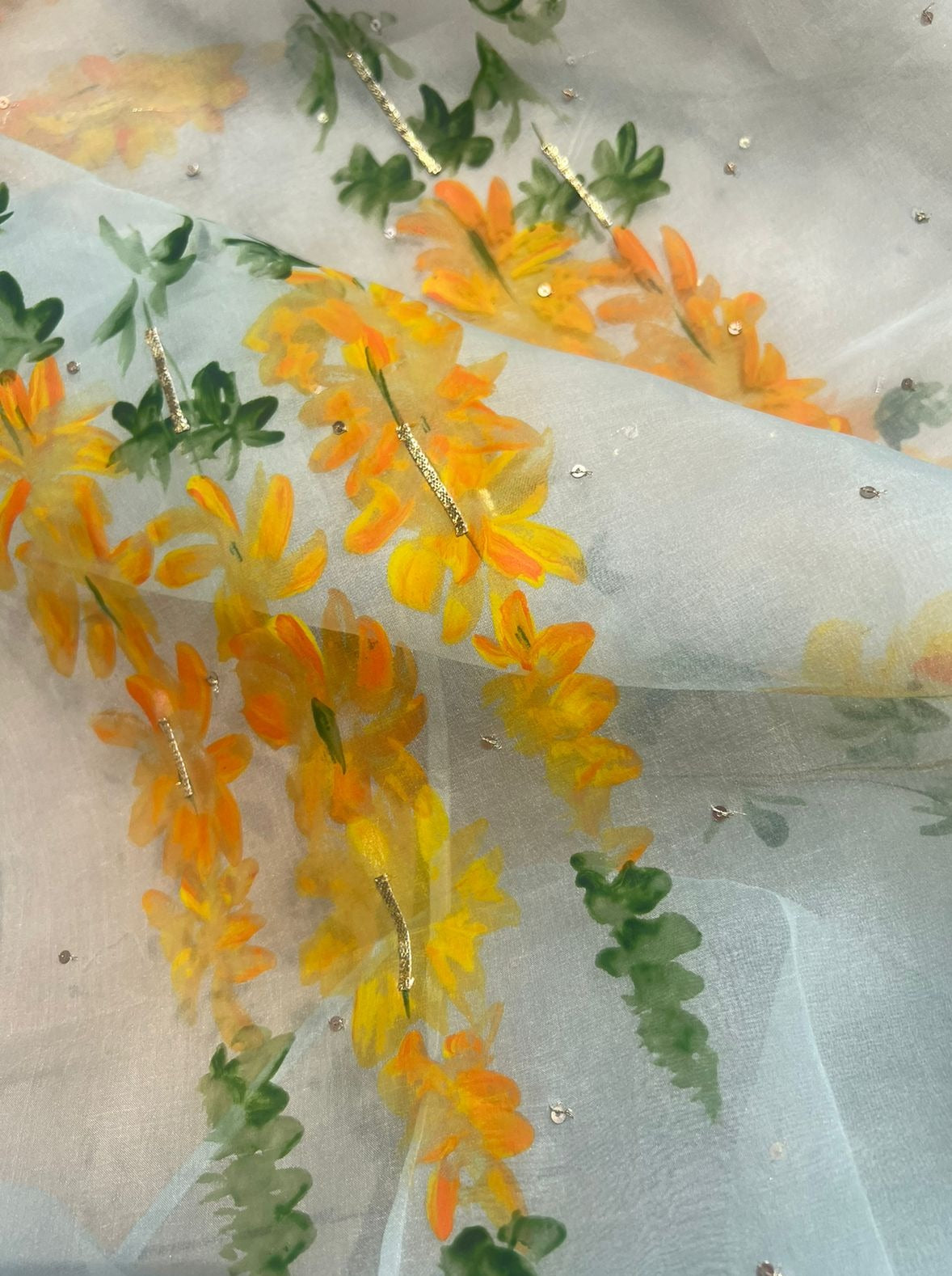 Yellow Popsicles on powder blue organza saree