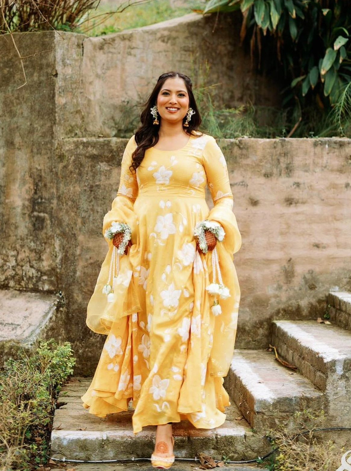 Lilies on Haldi Yellow Flaired Kurta with Sequins & Gota Border