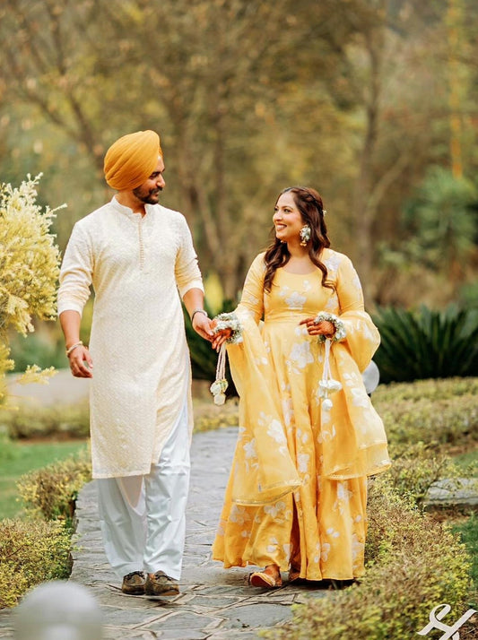 Lilies on Haldi Yellow Flaired Kurta with Sequins & Gota Border