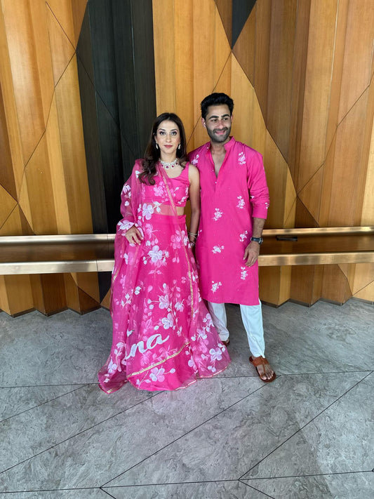 Hibiscus Roses on Raspberry Mens kurta with sequins