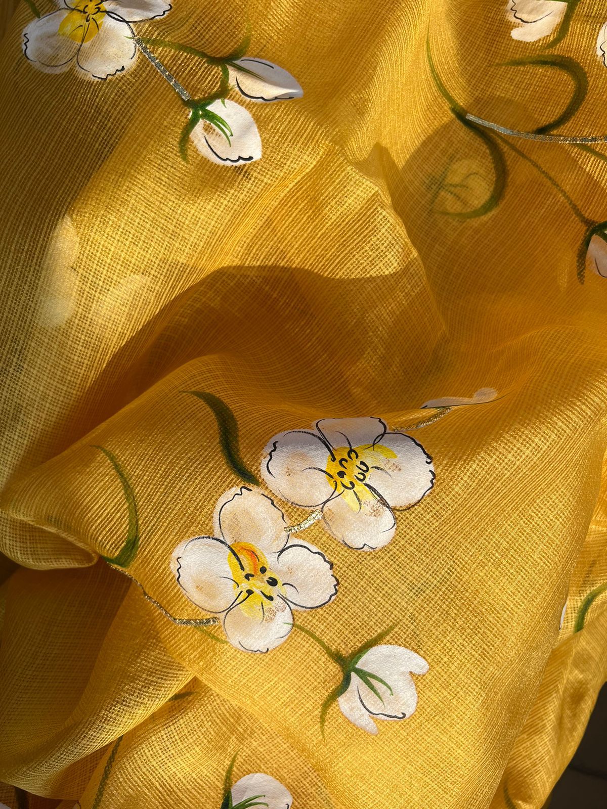 Plum Roses on Haldi Yellow Kota Silk Saree