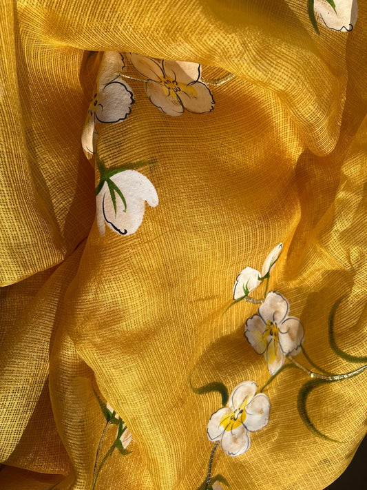 Plum Roses on Haldi Yellow Kota Silk Saree