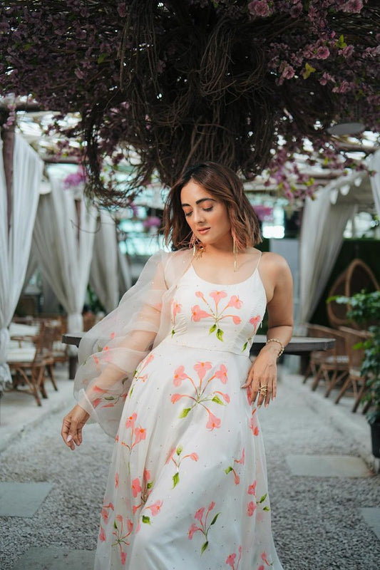 Peach elder flowers on silk Flaired kurta & organza duppata with sequins