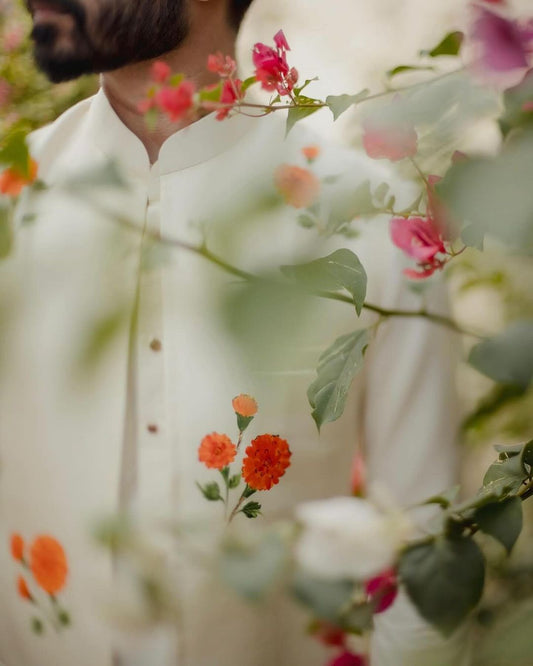 Marigolds on ivory - front open Nehru jacket
