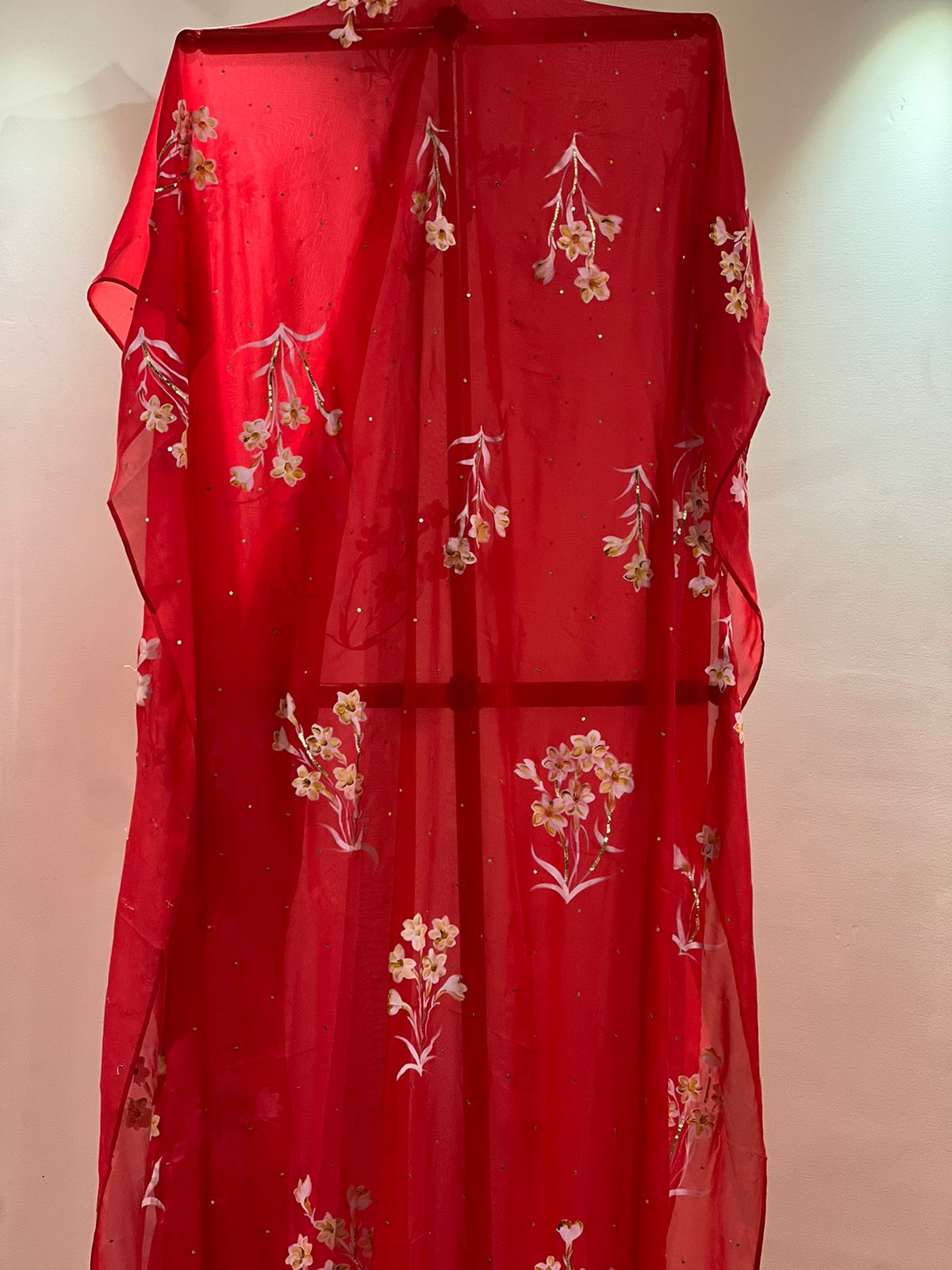 Tuber Roses on Red Flat Chiffon Saree With Sequins