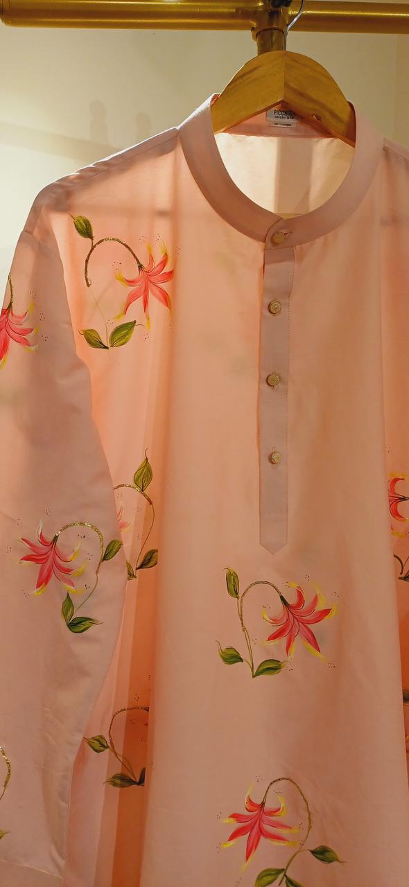 Honey suckle on dull rose Mens kurta