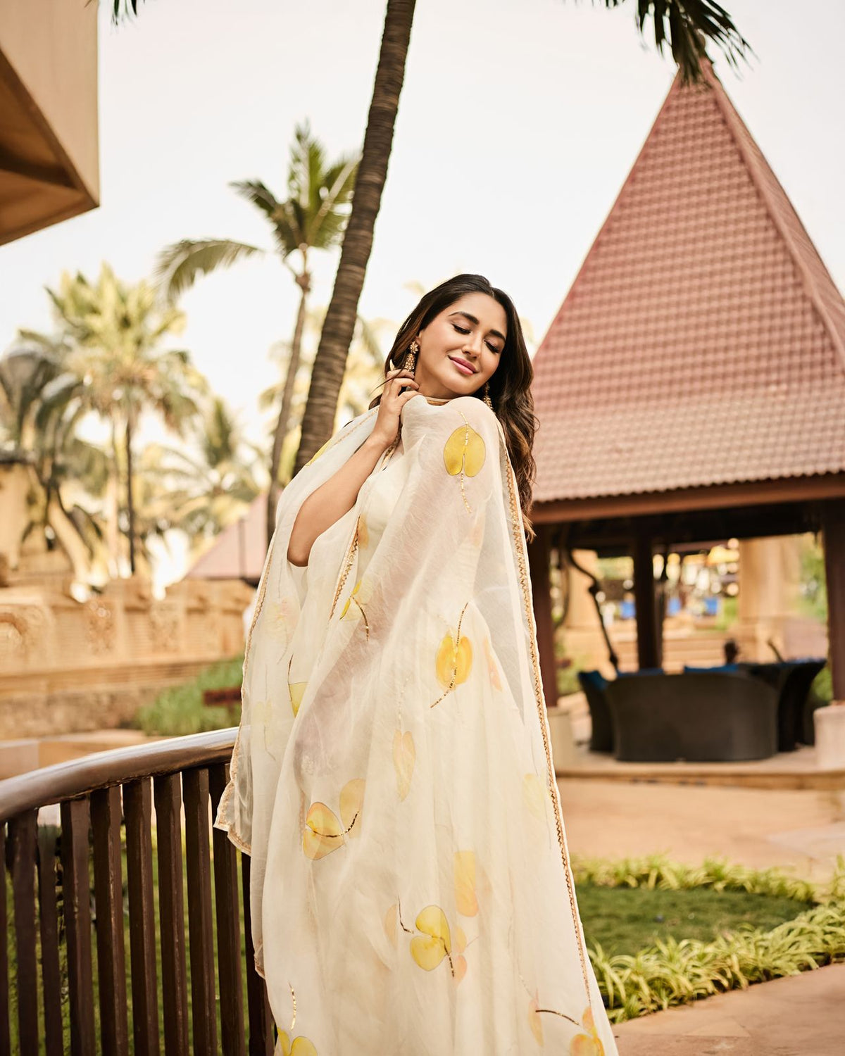 Yellow anthuriums on Ivory Flared kurta