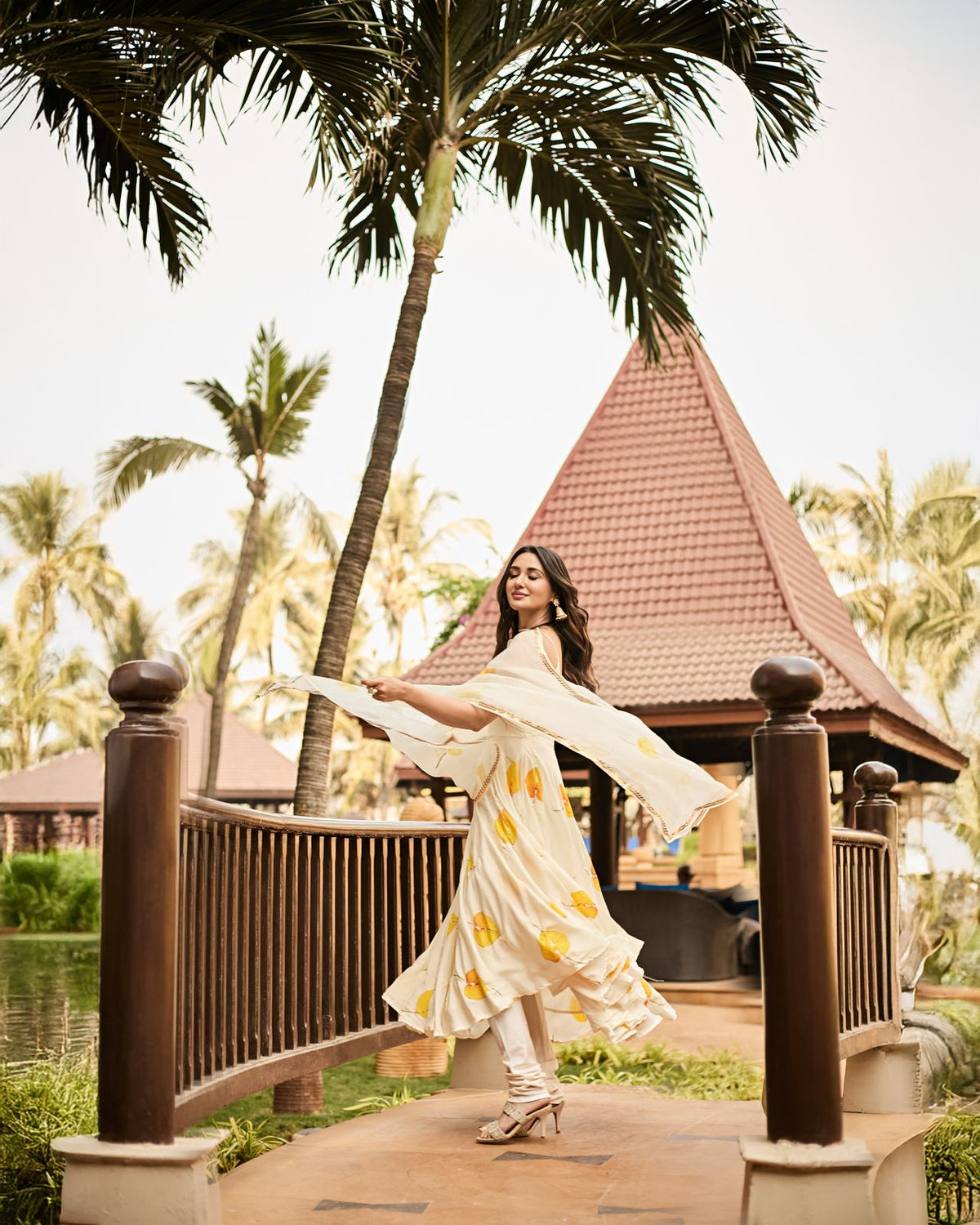 Yellow anthuriums on Ivory Flared kurta